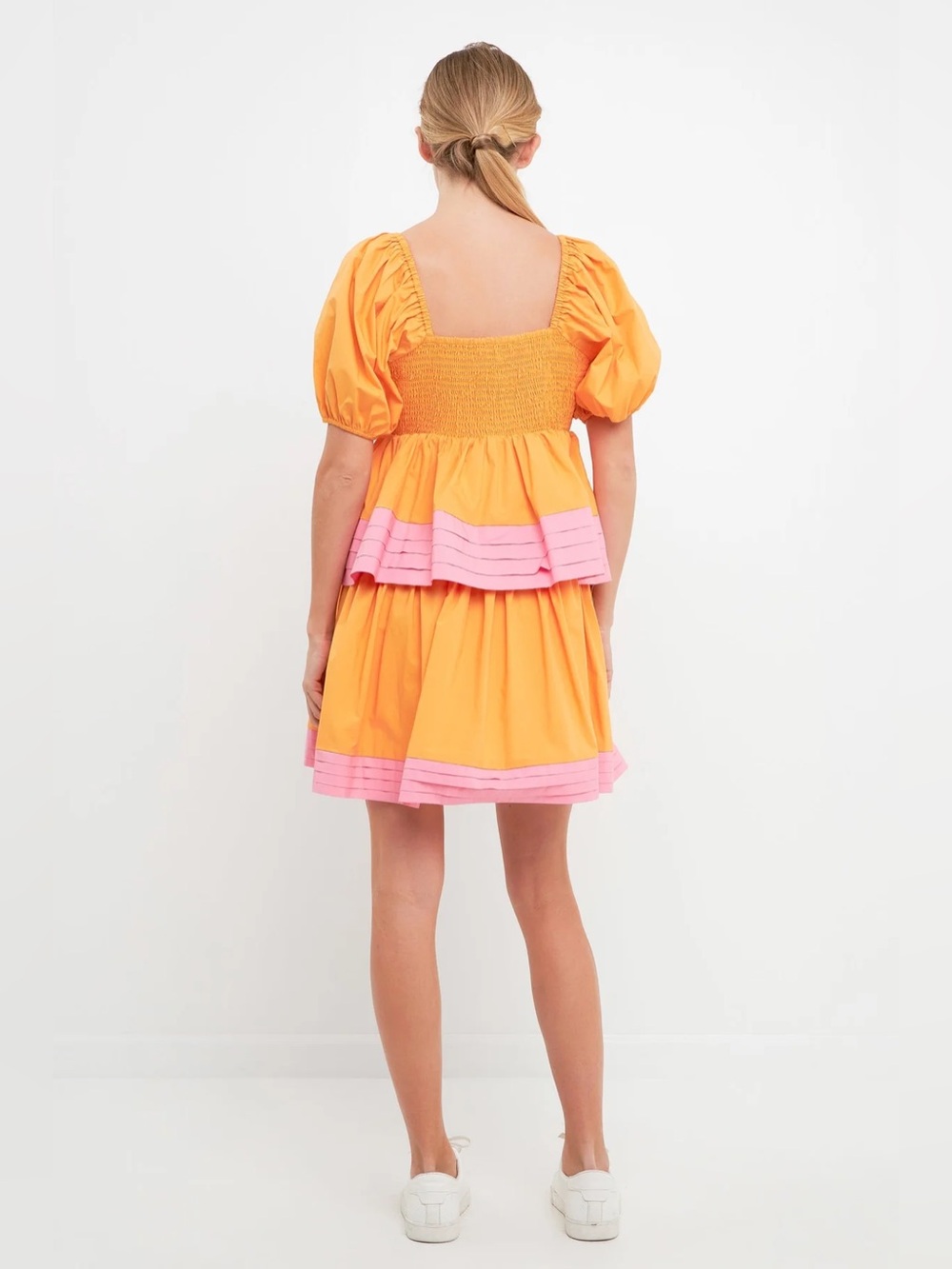 Colorblock Smocked Tiered Mini Dress in Orange with Pink Trim - Picture 4 of 4